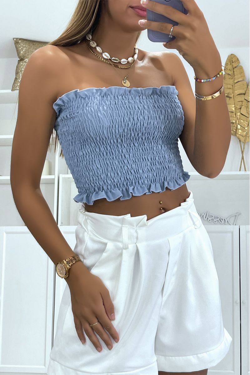 Crop top bustier turquoise elastique pas chere et indispensable de la saison