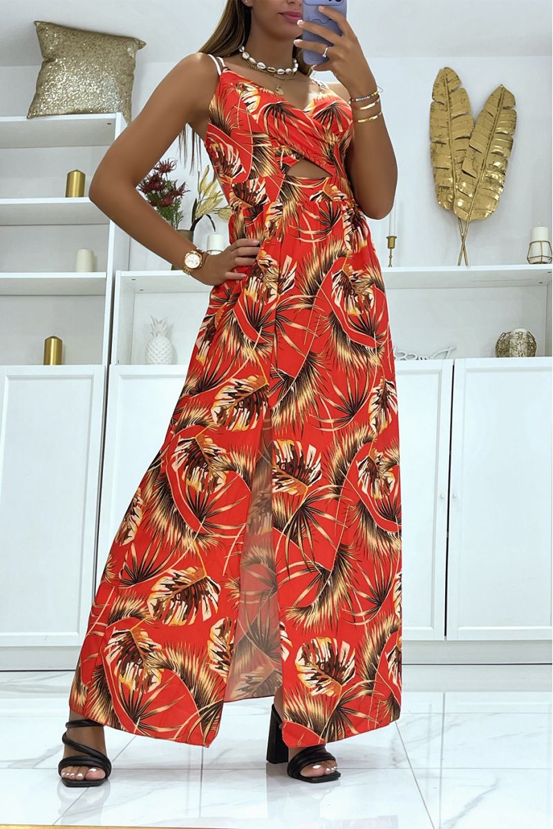 Long red dress with foliage print crossed at the chest and at the back and slit on the sides - 1