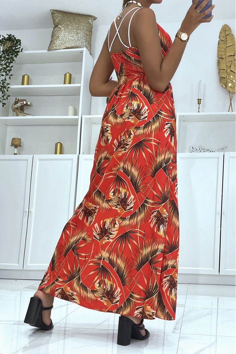 Long red dress with foliage print crossed at the chest and at the back and slit on the sides - 4