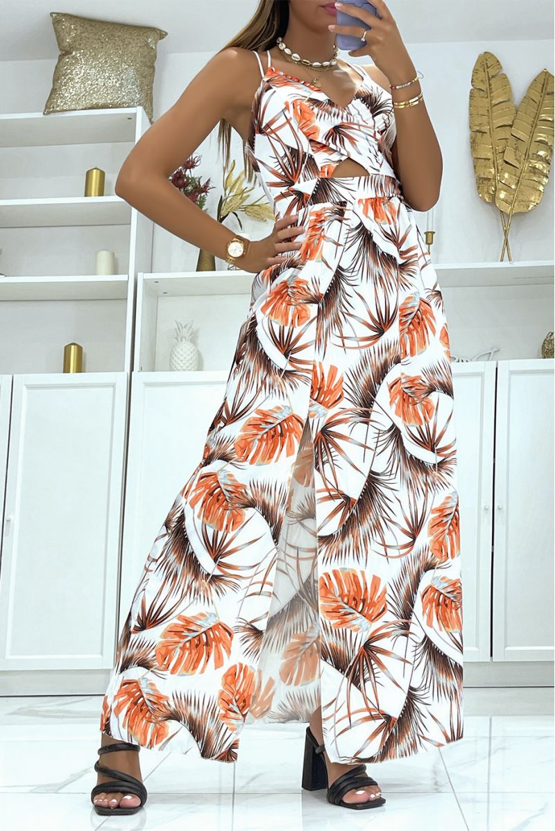 Long white dress with foliage print crossed at the chest and at the back and slit on the sides - 1