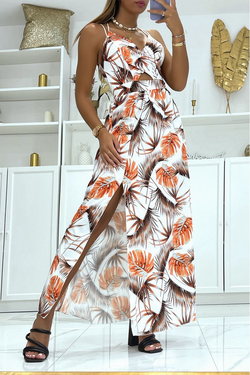 Long white dress with foliage print crossed at the chest and at the back and slit on the sides - 2