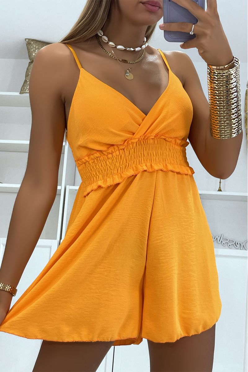 Short orange playsuit with thin straps and fitted with a fluid and comfortable waist - 2