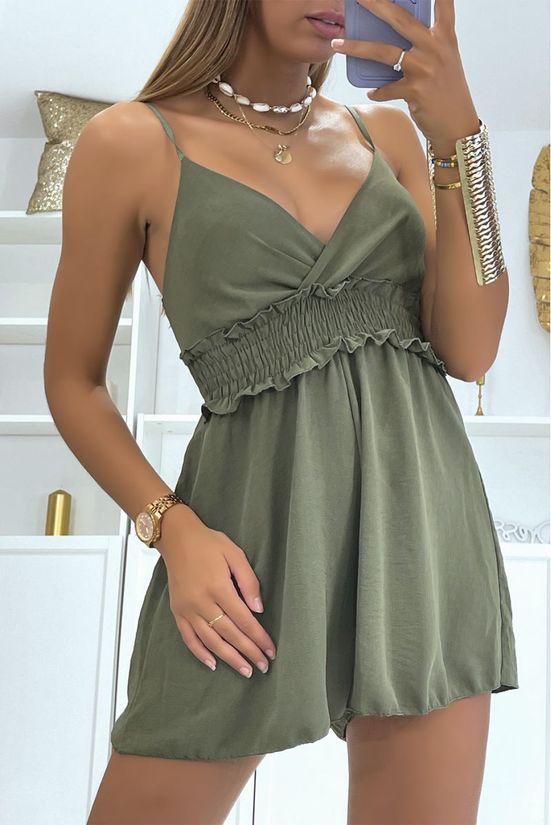 Short khaki playsuit with thin straps and fitted with a fluid and comfortable waist - 3