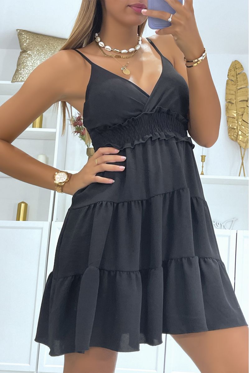 Black dress with ruffles elastic at the waist with thin straps and simple and comfortable V-neck - 3