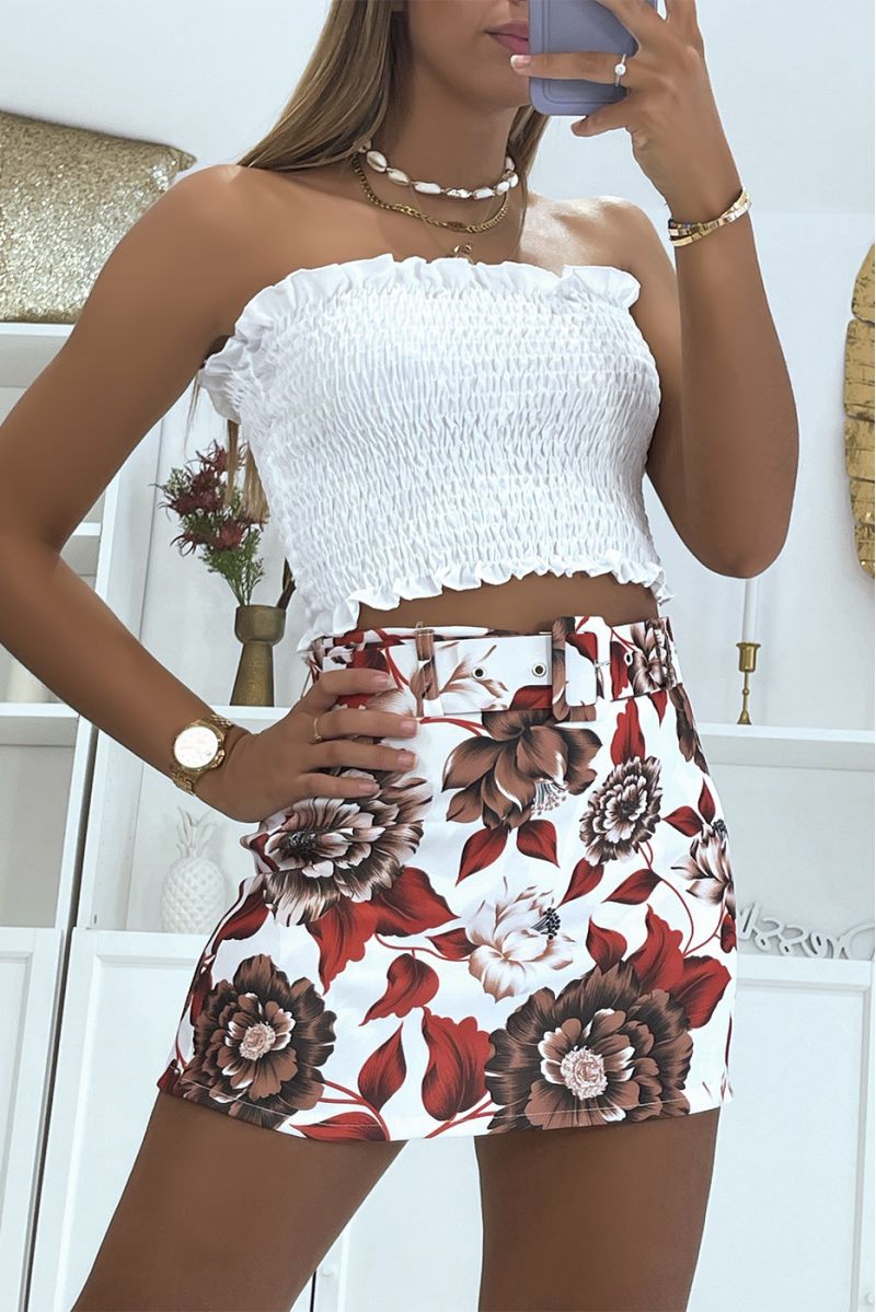 Jupe short blanche et rouge courte fleurie à ceinture hyper tendance et glamour - 2