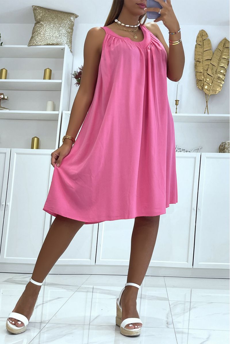 Losse fuchsia effen jurk met iets lage halslijn met klassieke en trendy kanten kraag - 3
