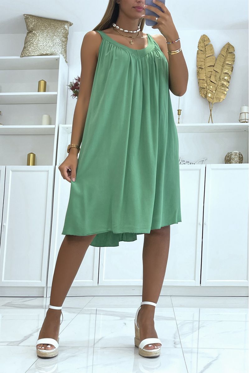 Loose water green dress in solid color slightly low-cut with classic and trendy lace collar - 1
