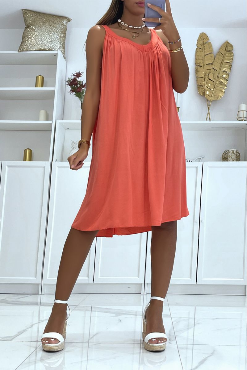 Slightly low-cut solid color loose coral dress with classic and trendy lace collar - 2