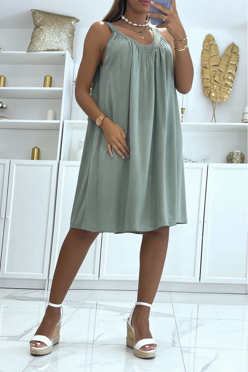 Loose khaki dress in solid color with slightly low neckline with classic and trendy lace collar - 1