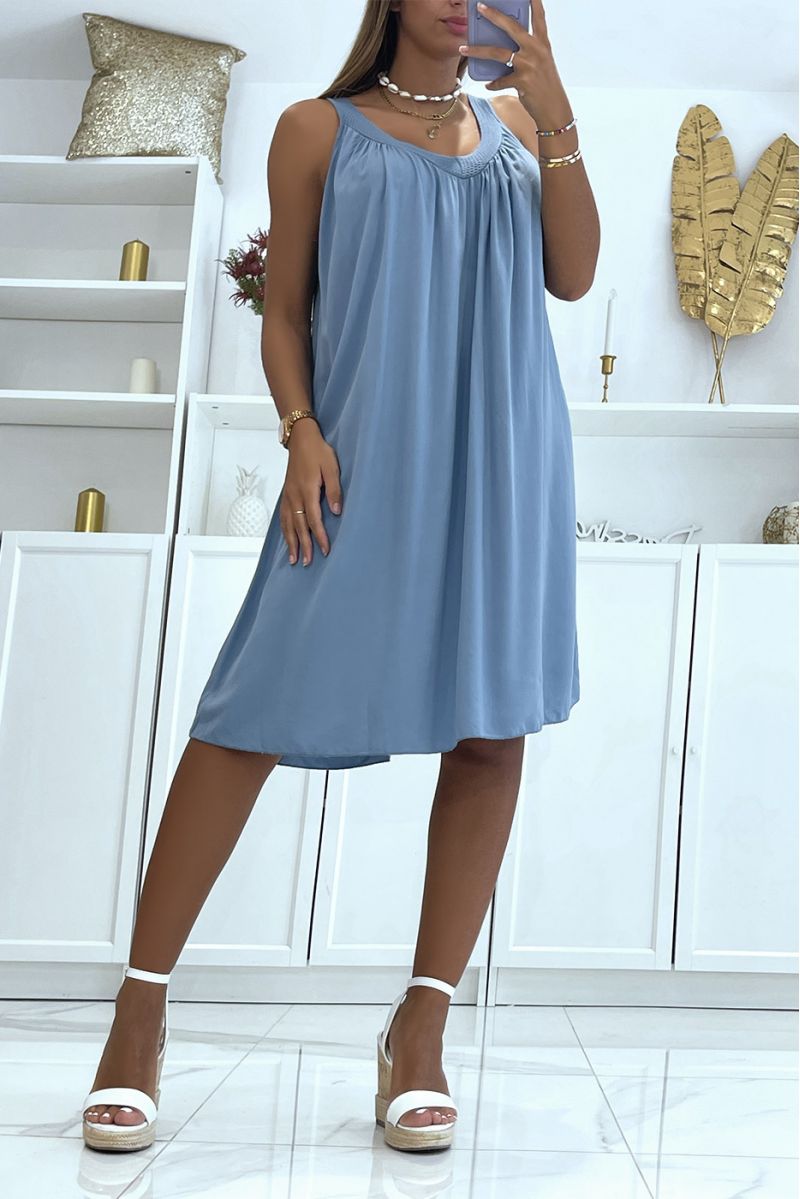 Losse indigo jurk in effen kleur met iets lage halslijn met klassieke en trendy kanten kraag - 3