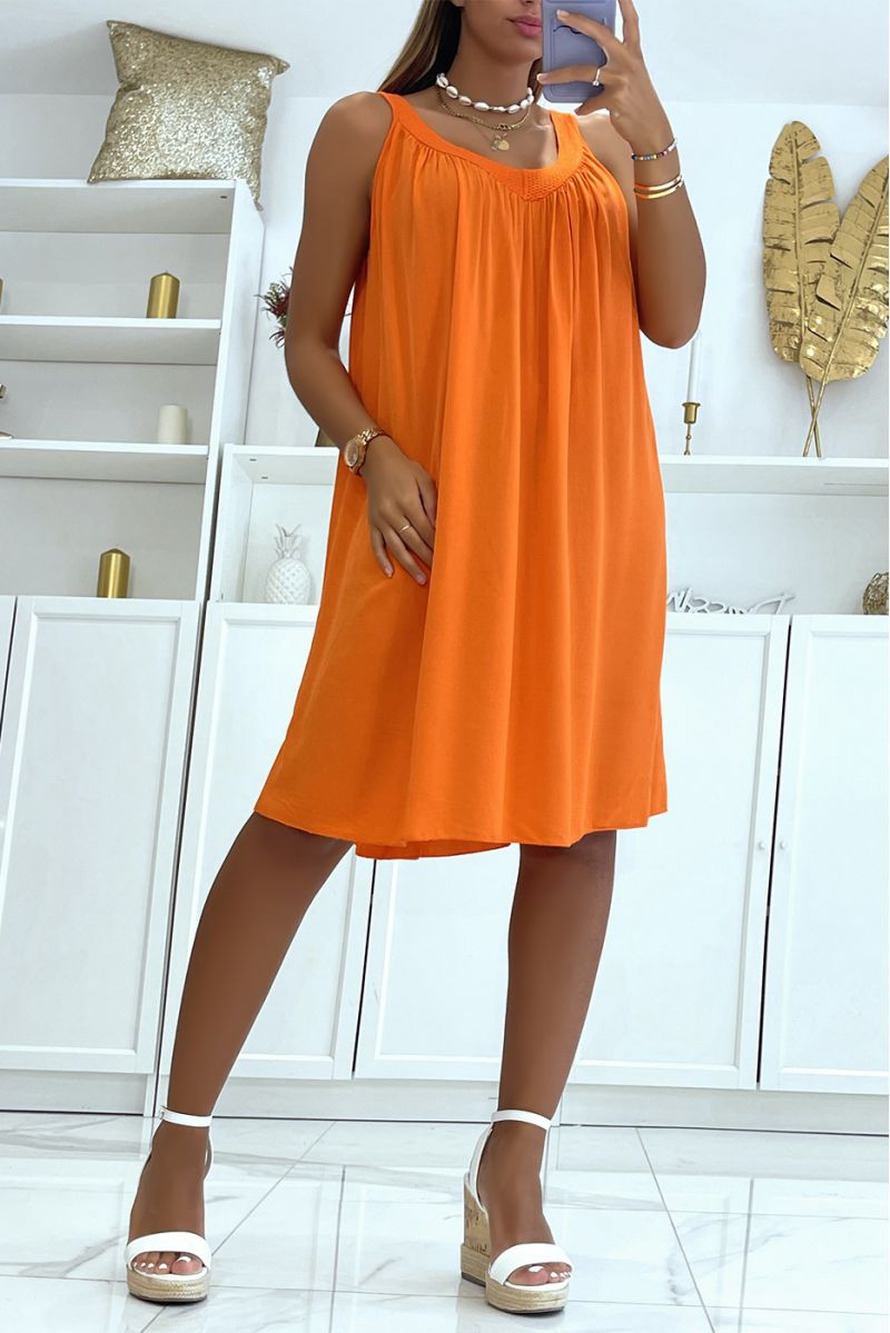 Robe orange ample couleur unie légèrement décolleté avec col en dentelle classique et tendance - 1