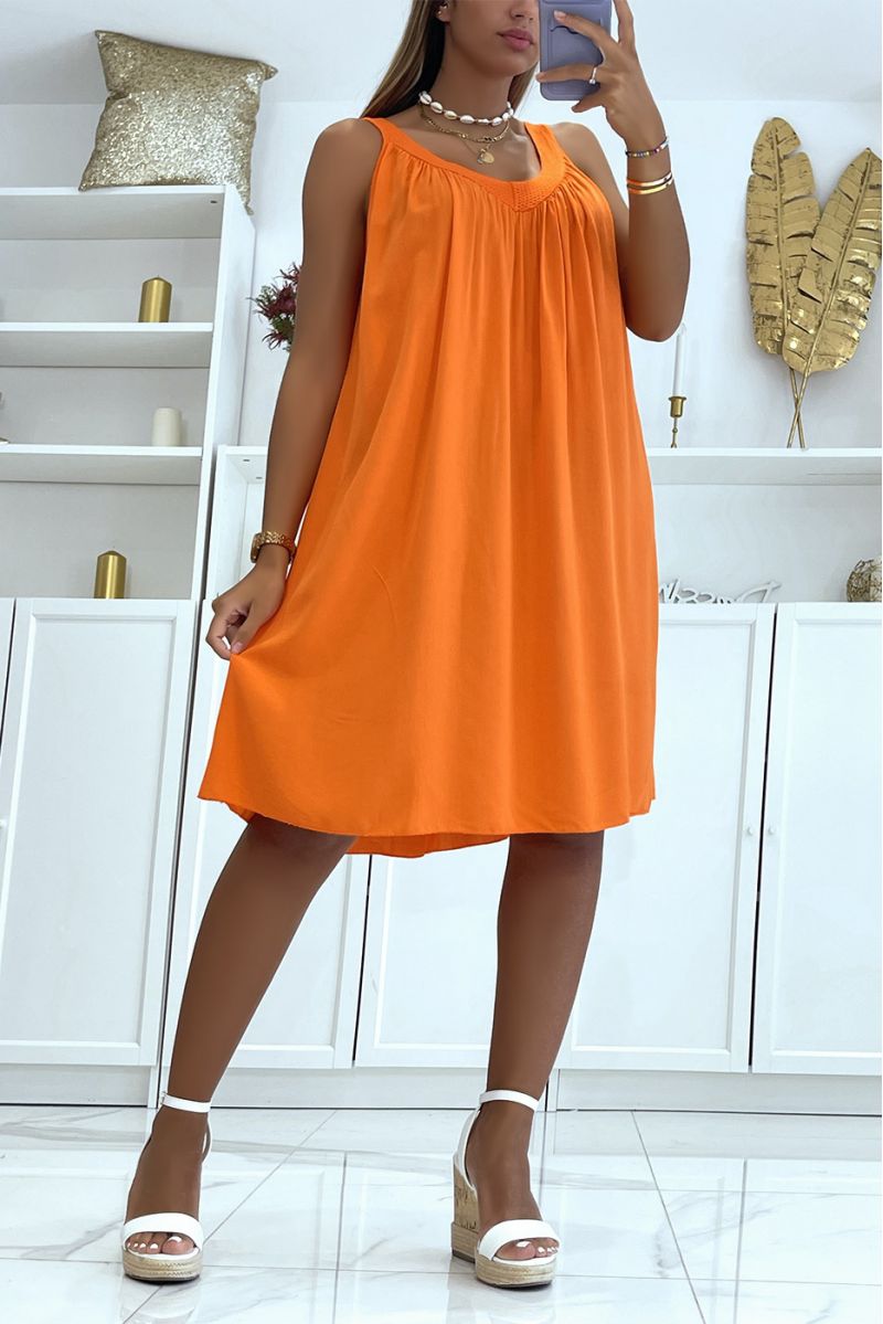 Robe orange ample couleur unie légèrement décolleté avec col en dentelle classique et tendance - 2