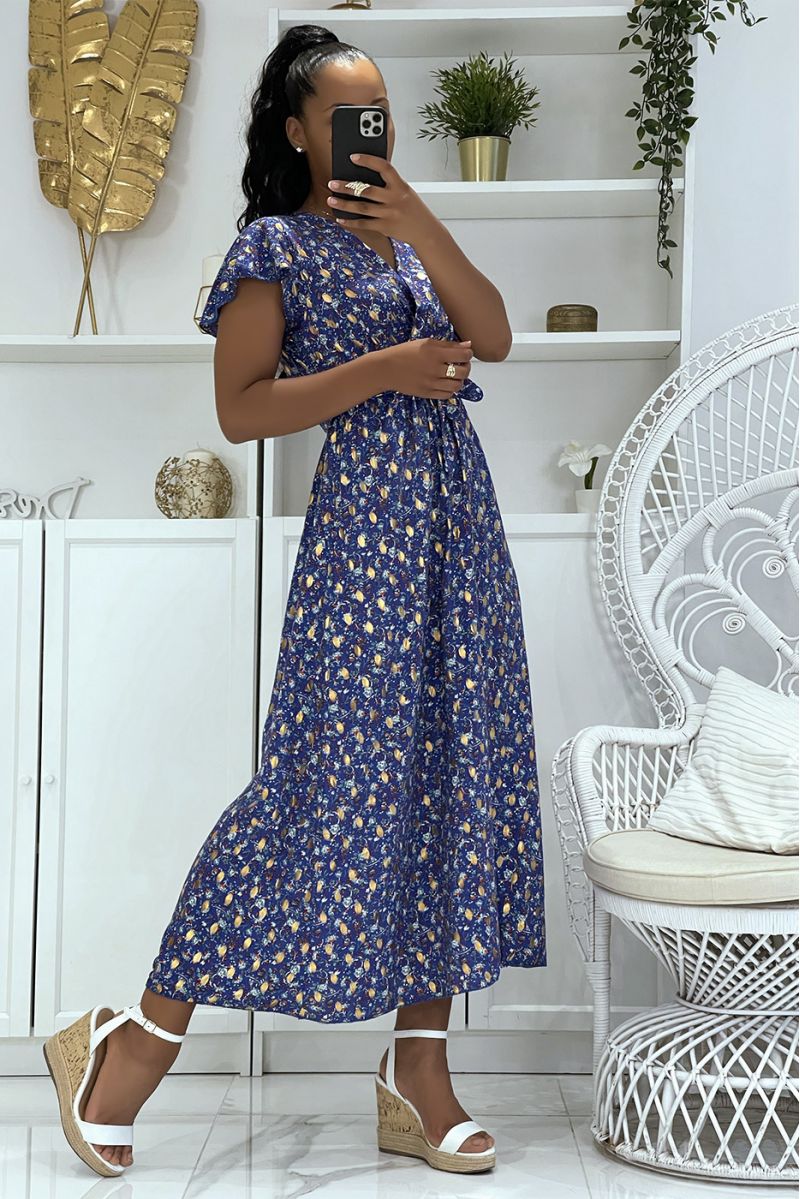 Magnifique longue robe royale cache coeur à jolies petites fleures et sublimes dorures - 2