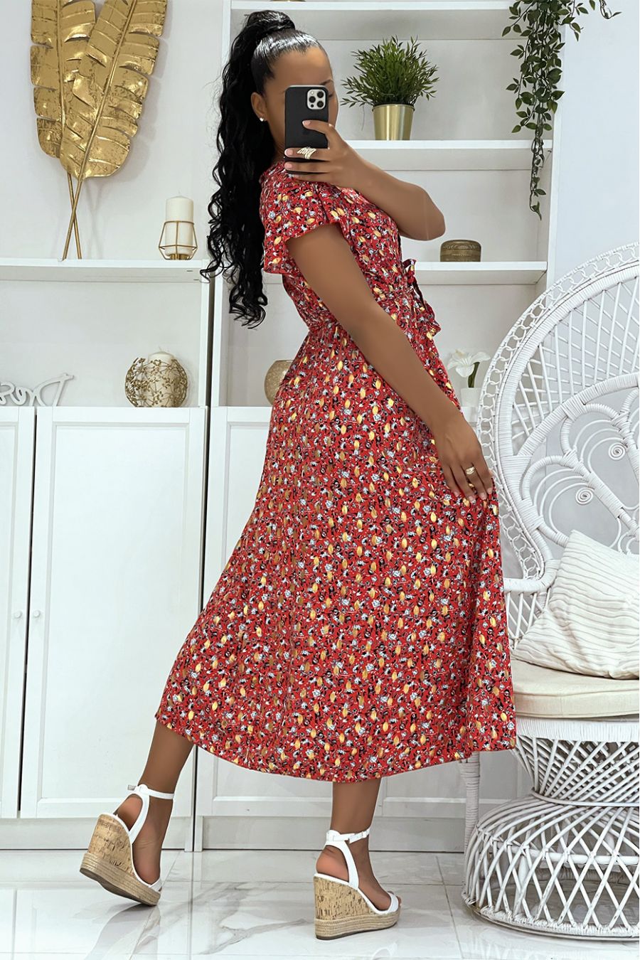 Magnificent long red wrap dress with pretty little flowers and sublime gilding - 5