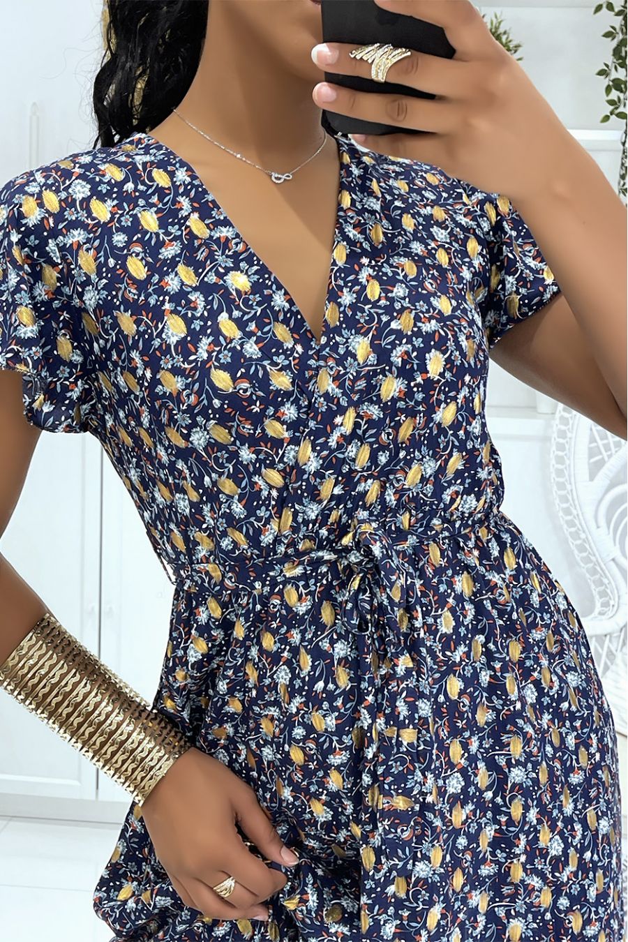 Prachtige lange navy wikkeljurk met mooie bloemetjes en sublieme vergulding - 1