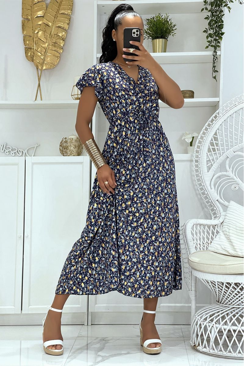 Magnificent long navy wrap dress with pretty little flowers and sublime gilding - 2