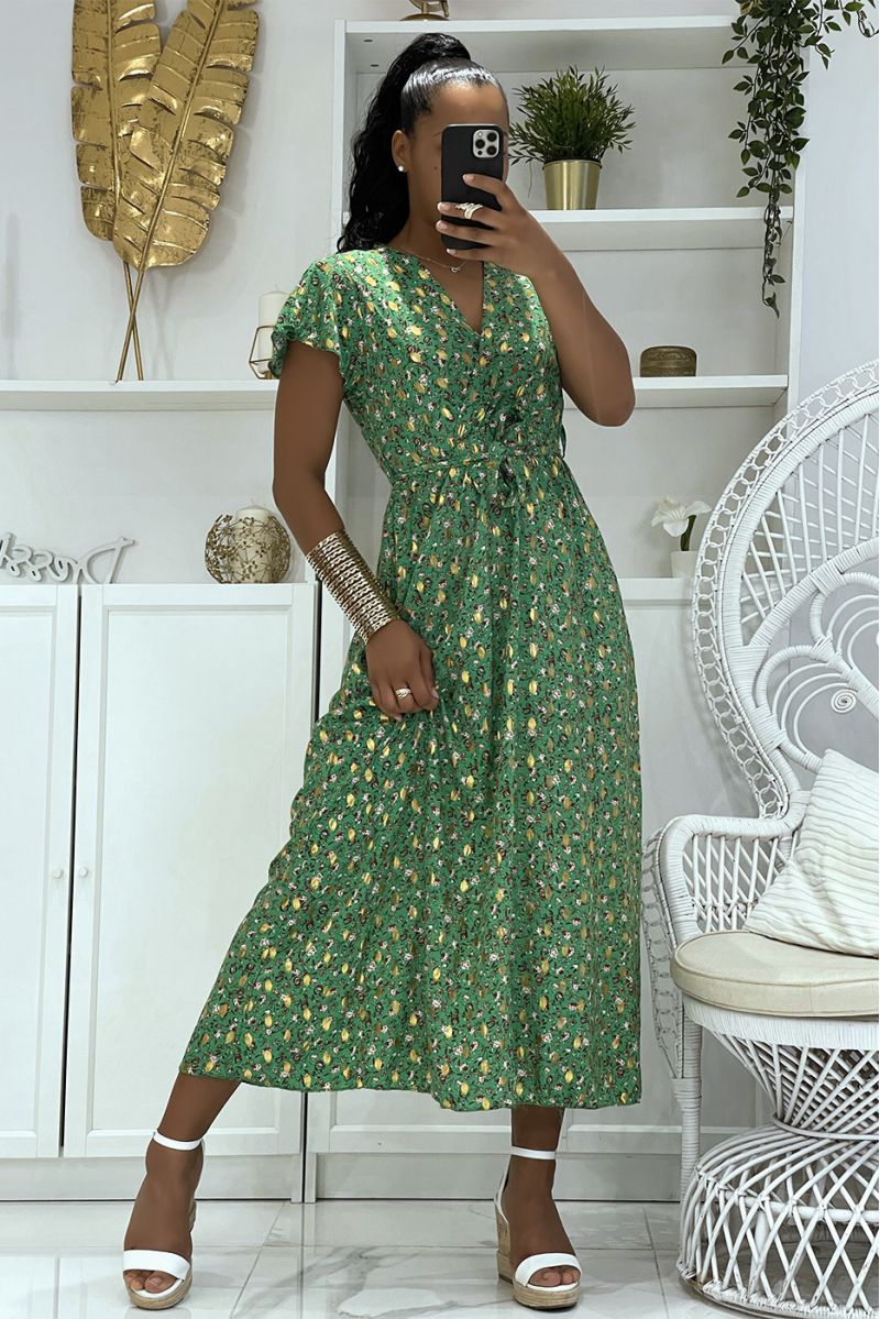 Magnificent long green wrap dress with pretty little flowers and sublime gilding - 1