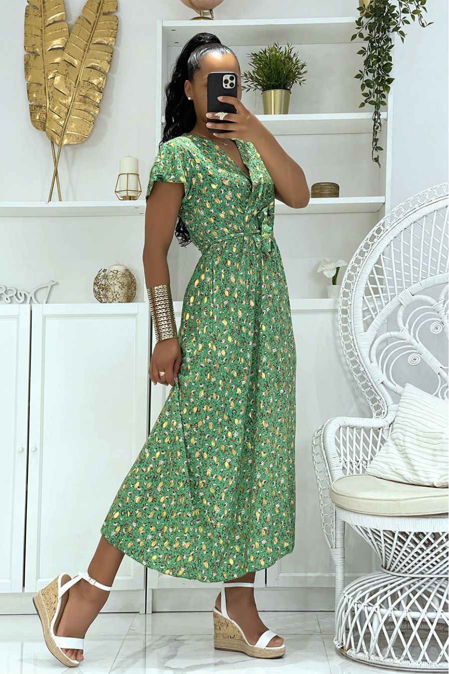 Magnificent long green wrap dress with pretty little flowers and sublime gilding - 2