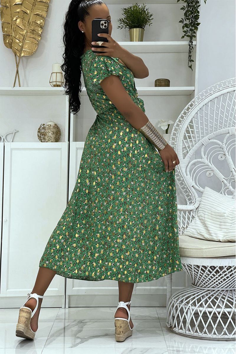 Magnifique longue robe verte cache coeur à jolies petites fleures et sublimes dorures - 3