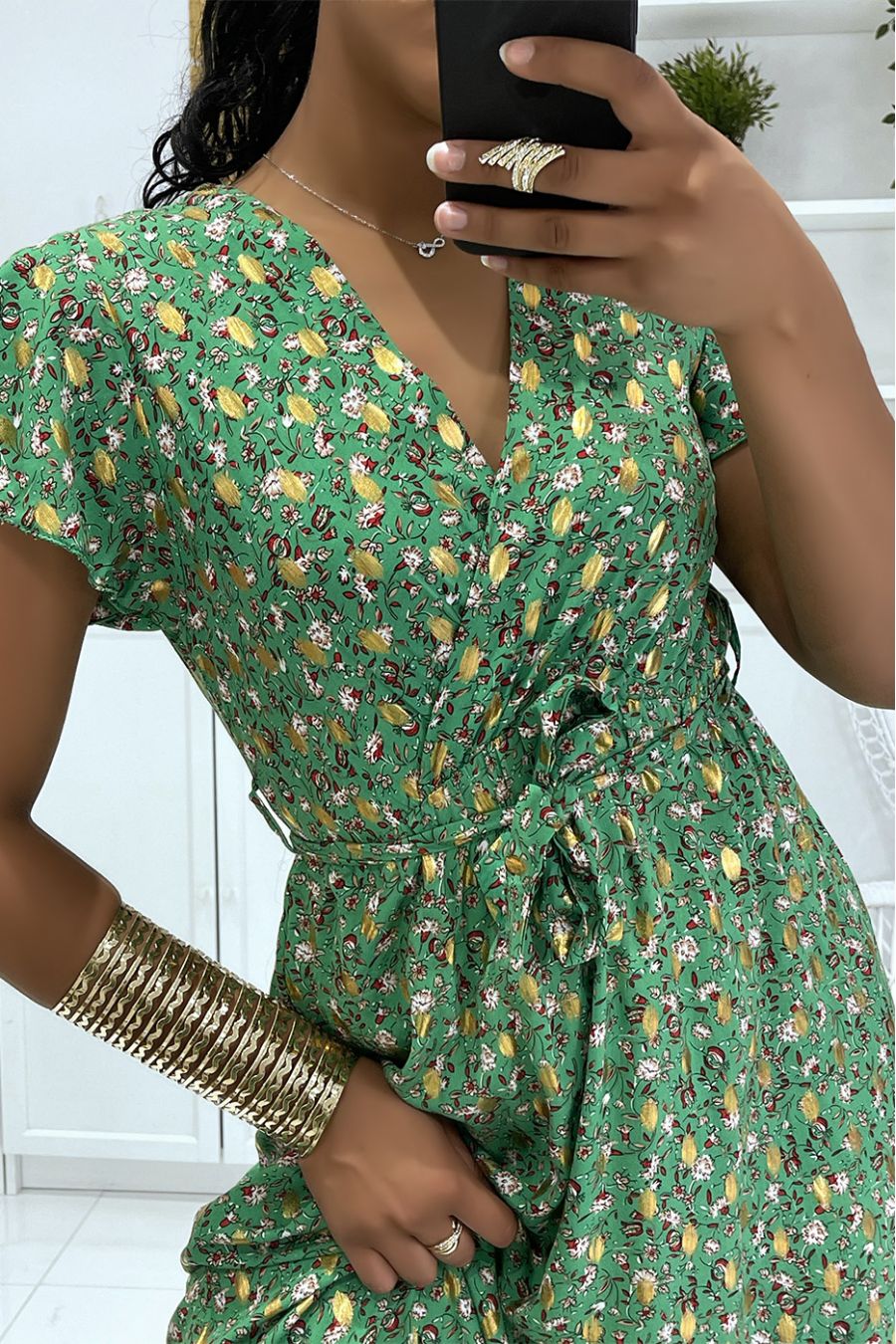Magnificent long green wrap dress with pretty little flowers and sublime gilding - 4