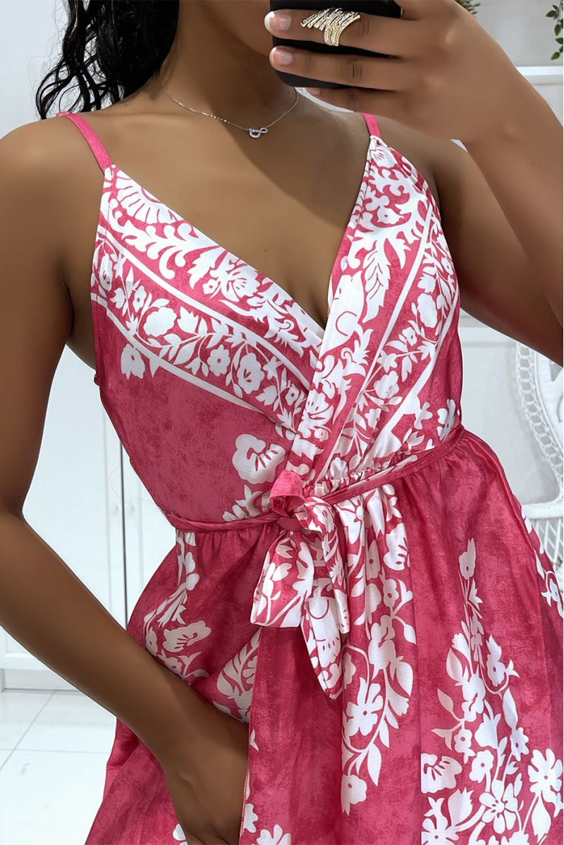 Long fuchsia satin wrap dress with thin V-neck straps and pretty floral pattern on tie and die print - 1