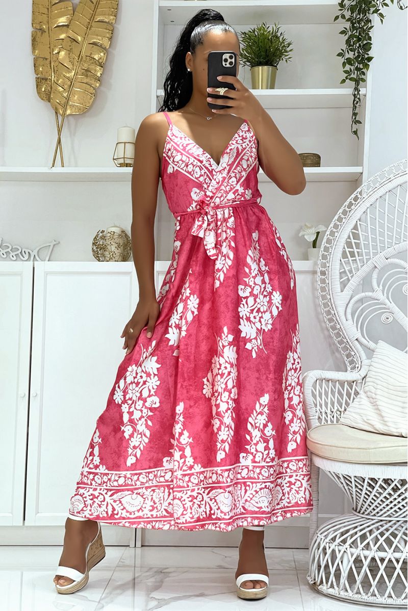 Long fuchsia satin wrap dress with thin V-neck straps and pretty floral pattern on tie and die print - 2
