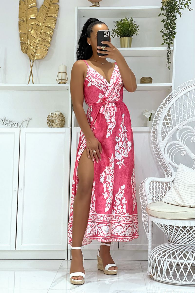 Long fuchsia satin wrap dress with thin V-neck straps and pretty floral pattern on tie and die print - 3