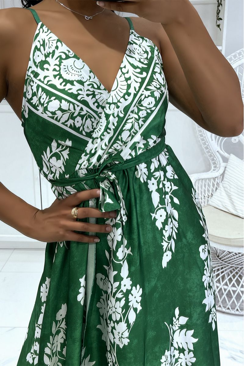 Long green satin wrap dress with thin V-neck straps and pretty floral pattern on tie and die print - 1