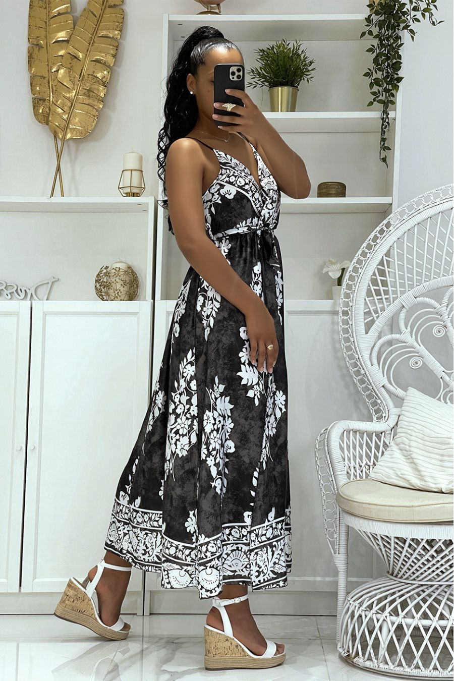 Long black satin wrap dress with thin V-neck straps and pretty floral pattern on tie and die print - 4