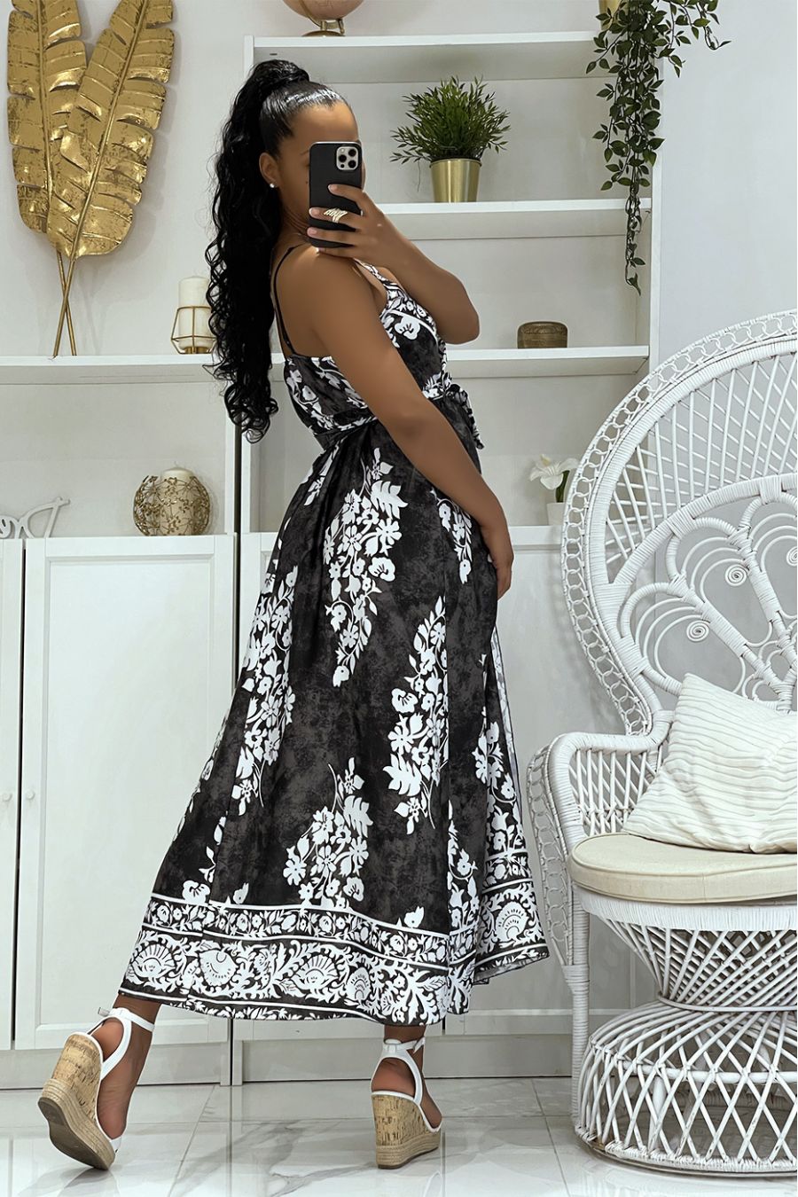 Long black satin wrap dress with thin V-neck straps and pretty floral pattern on tie and die print - 5
