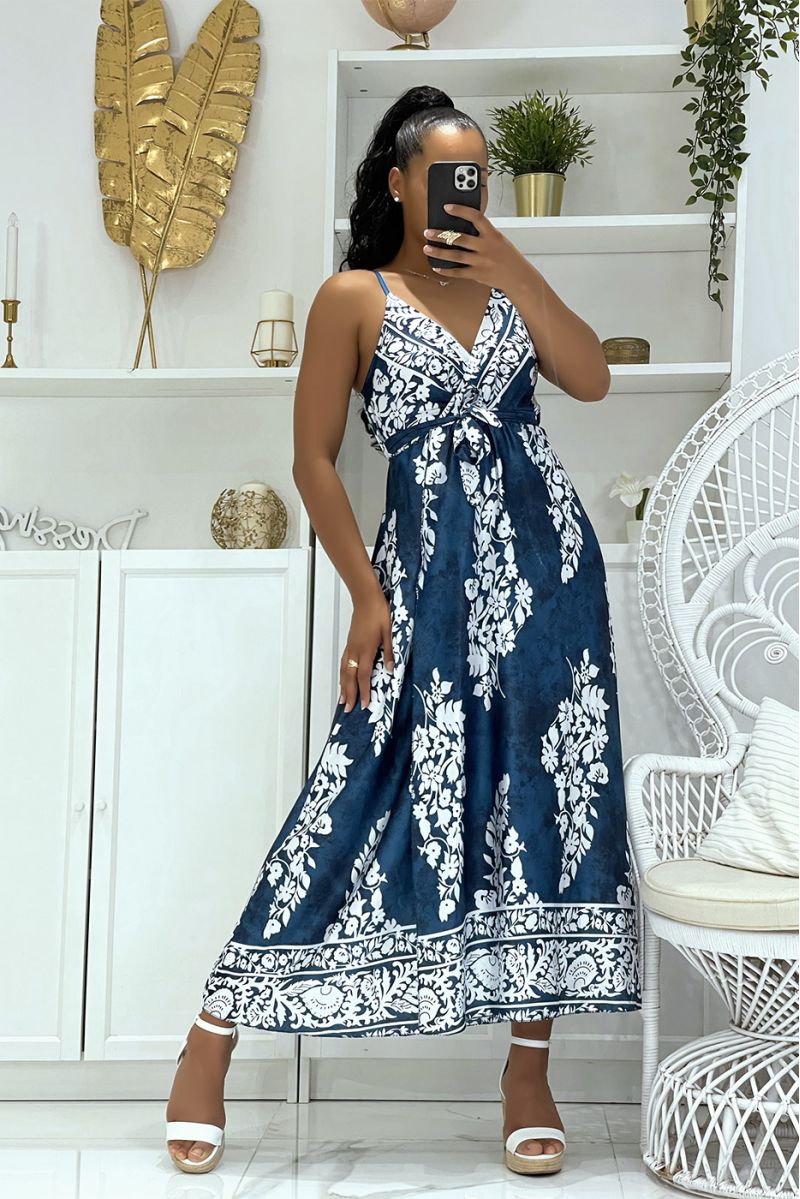Long blue satin wrap dress with thin V-neck straps and pretty floral pattern on tie and die print - 1