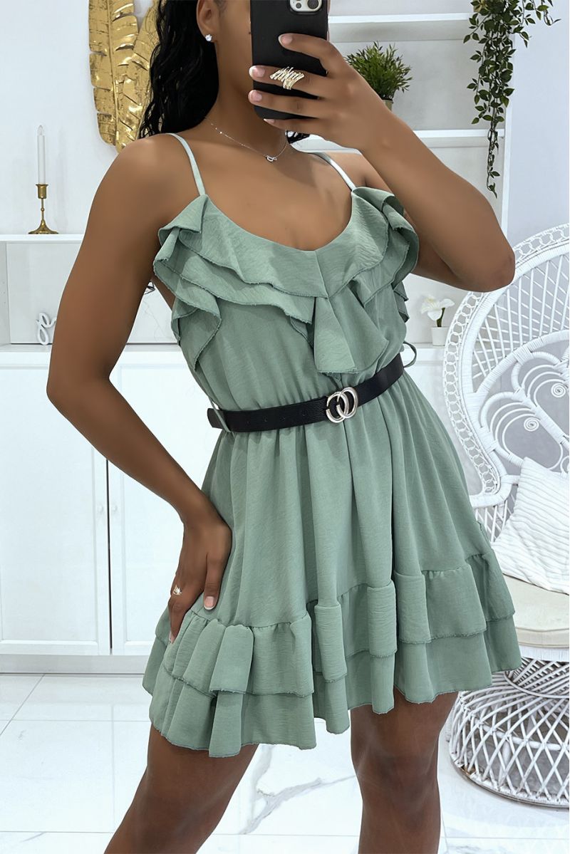 Pretty green skater dress with ruffles and thin belt chic and pleasant luxury inspiration - 6
