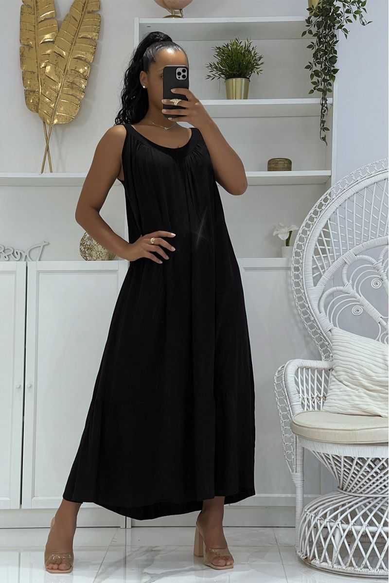 Long oversized black dress with wide straps and openwork at the collar with ruffles in bah - 2