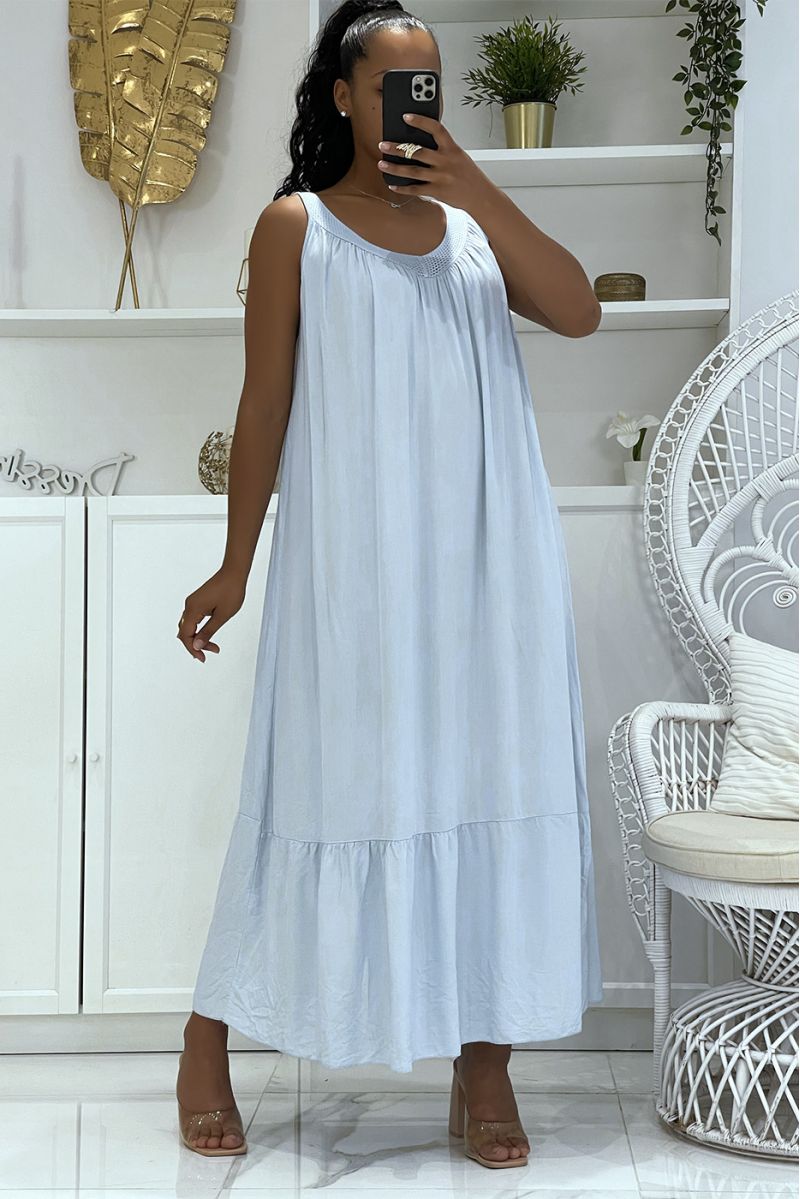 Long oversized turquoise dress with wide straps and openwork collar with bah ruffles - 1