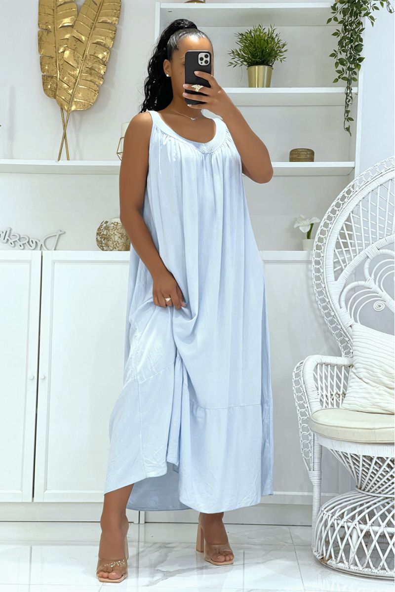 LaLLe oversized turquoise jurk met brede bandjes en opengewerkte kraag met ruches in bah - 2