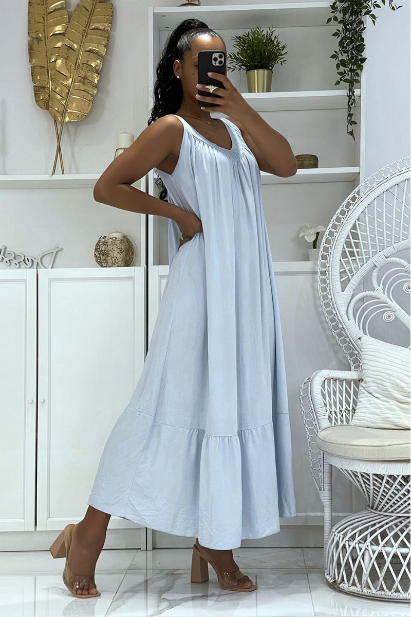 Long oversized turquoise dress with wide straps and openwork collar with bah ruffles - 3