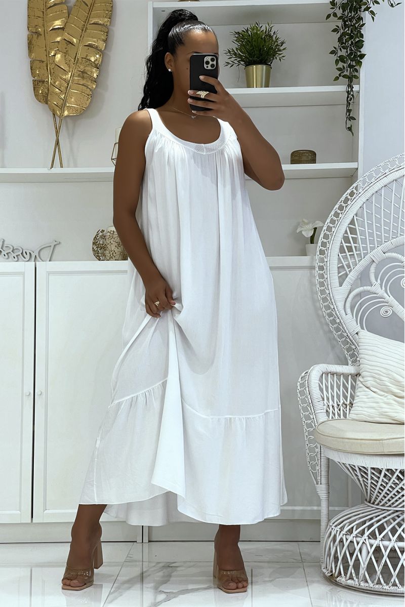 Long oversized white dress with wide straps and openwork at the collar with ruffles in bah - 1