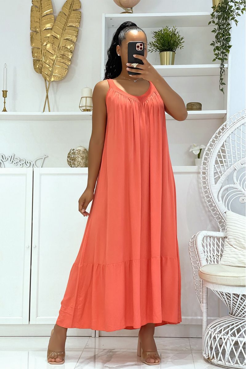 Long oversized coral dress with wide straps and openwork at the collar with ruffles in Bah - 1