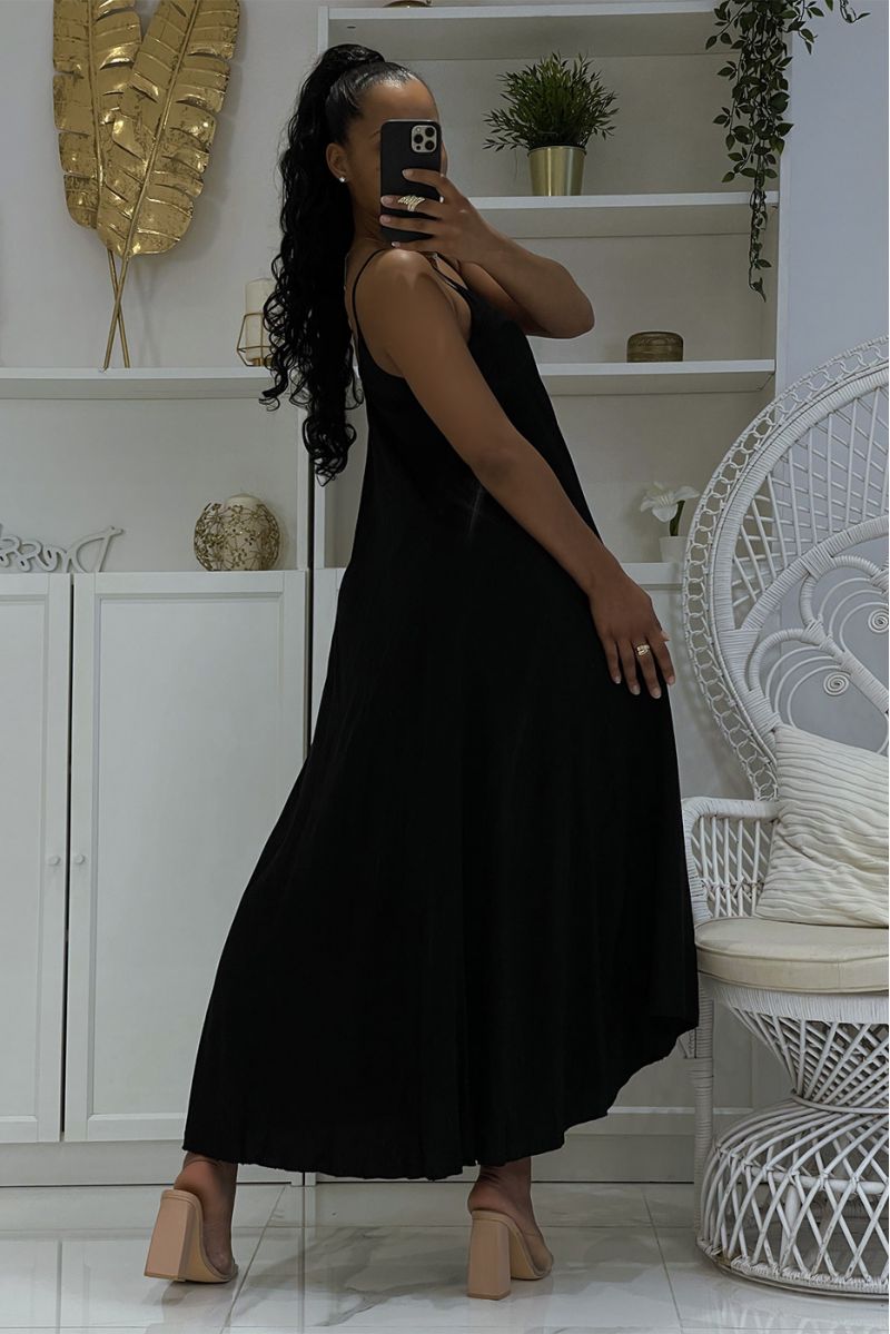 Long simple flowing and comfortable black dress with pretty thin straps and light neckline - 4