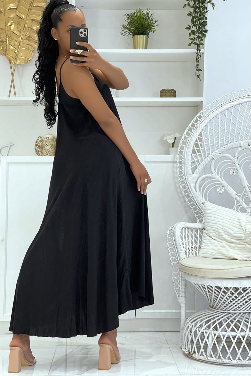 Long simple flowing and comfortable black dress with pretty thin straps and light neckline - 5