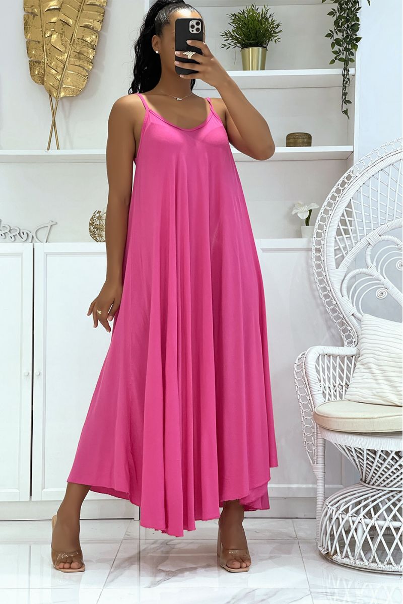 Long simple fluid and comfortable fuchsia dress with pretty thin straps and light neckline - 1