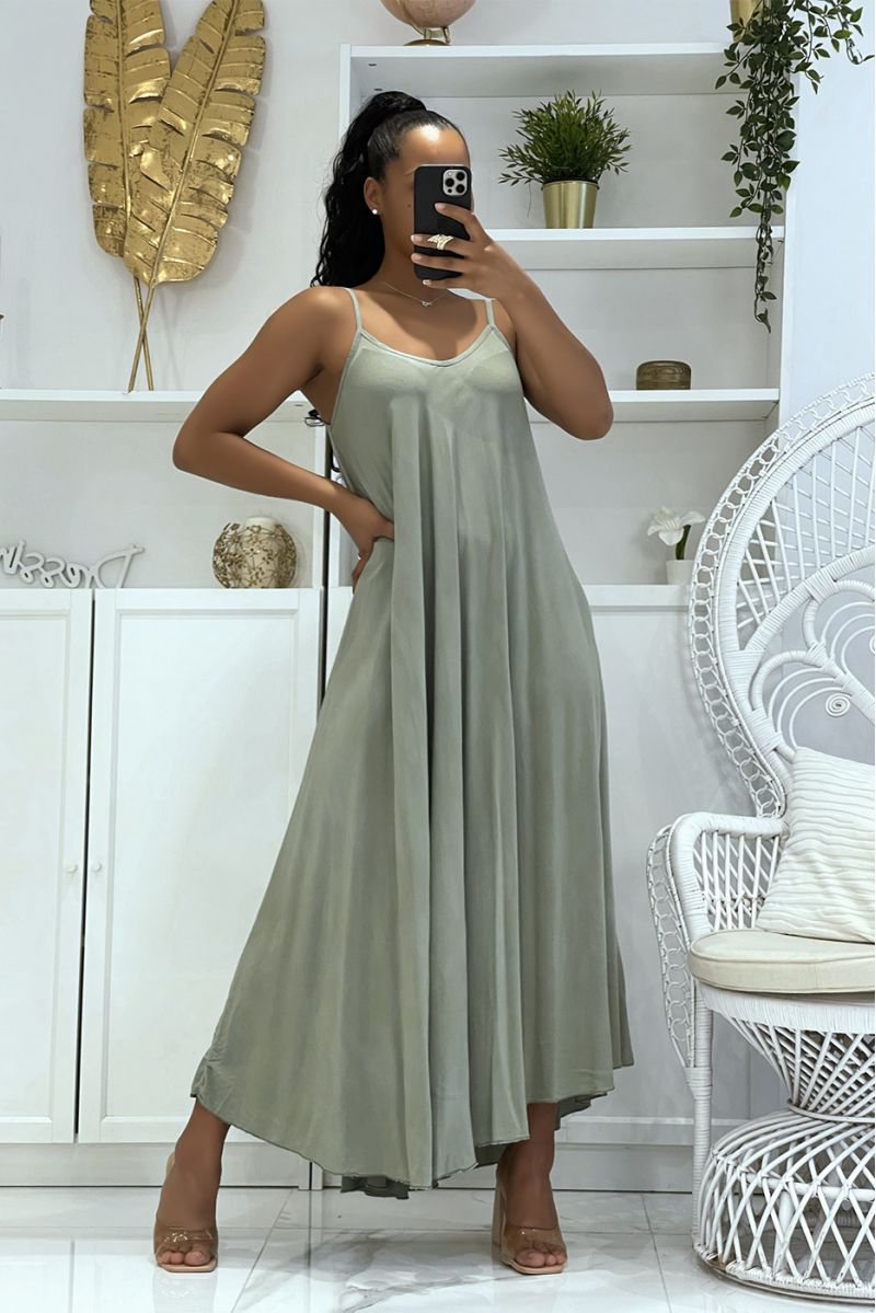 Long simple flowing and comfortable khaki dress with pretty thin straps and light neckline - 1