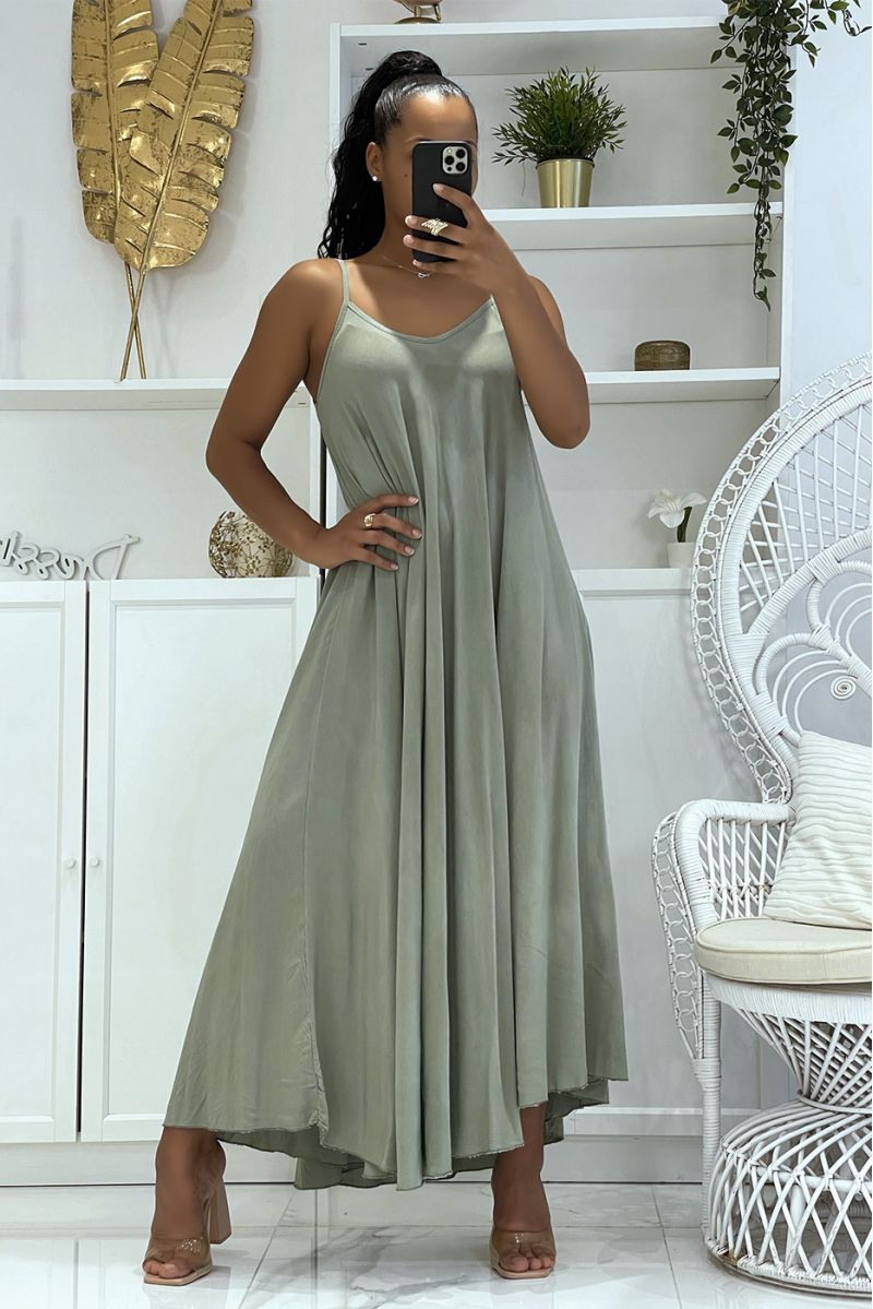 Long simple flowing and comfortable khaki dress with pretty thin straps and light neckline - 2