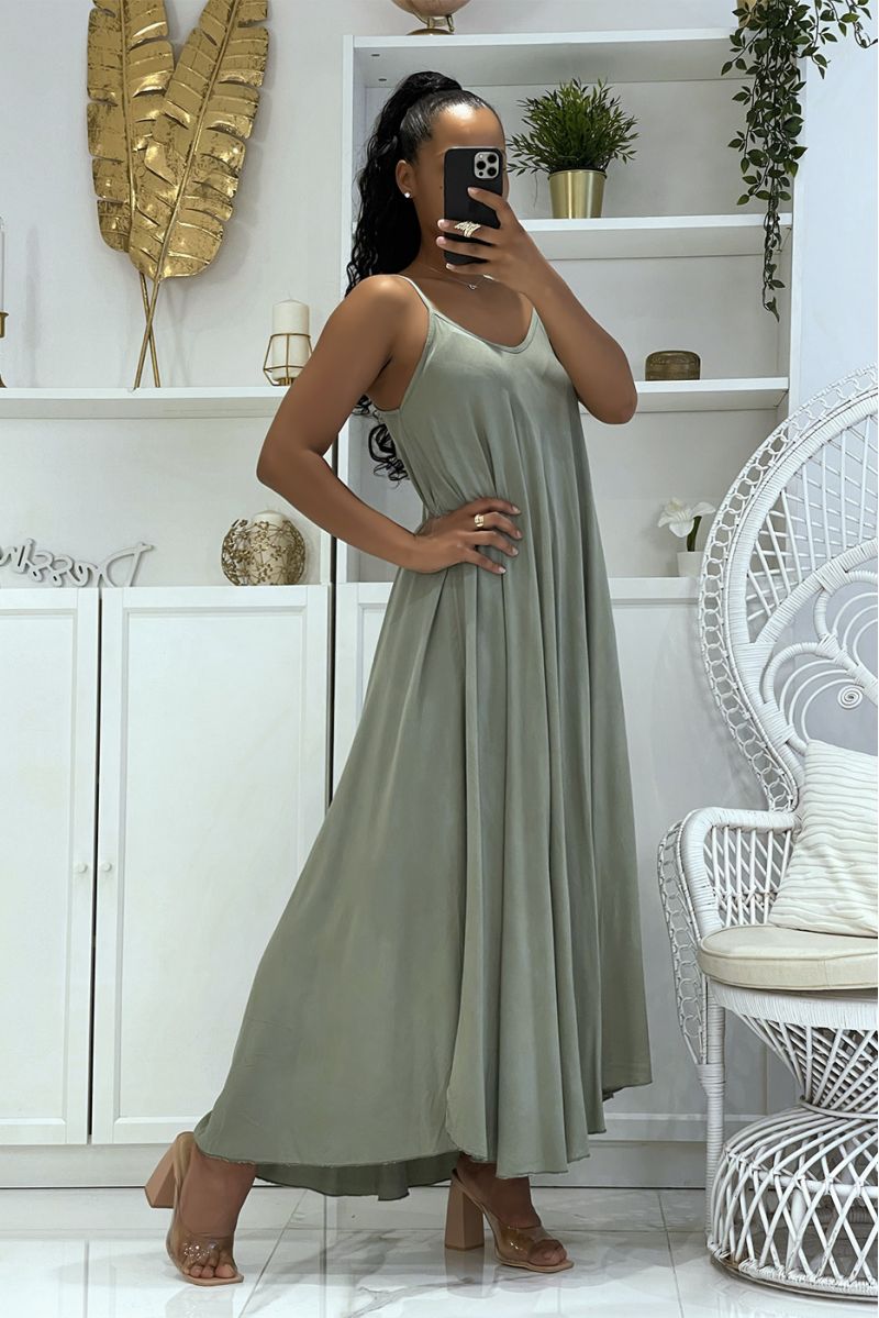 Long simple flowing and comfortable khaki dress with pretty thin straps and light neckline - 3