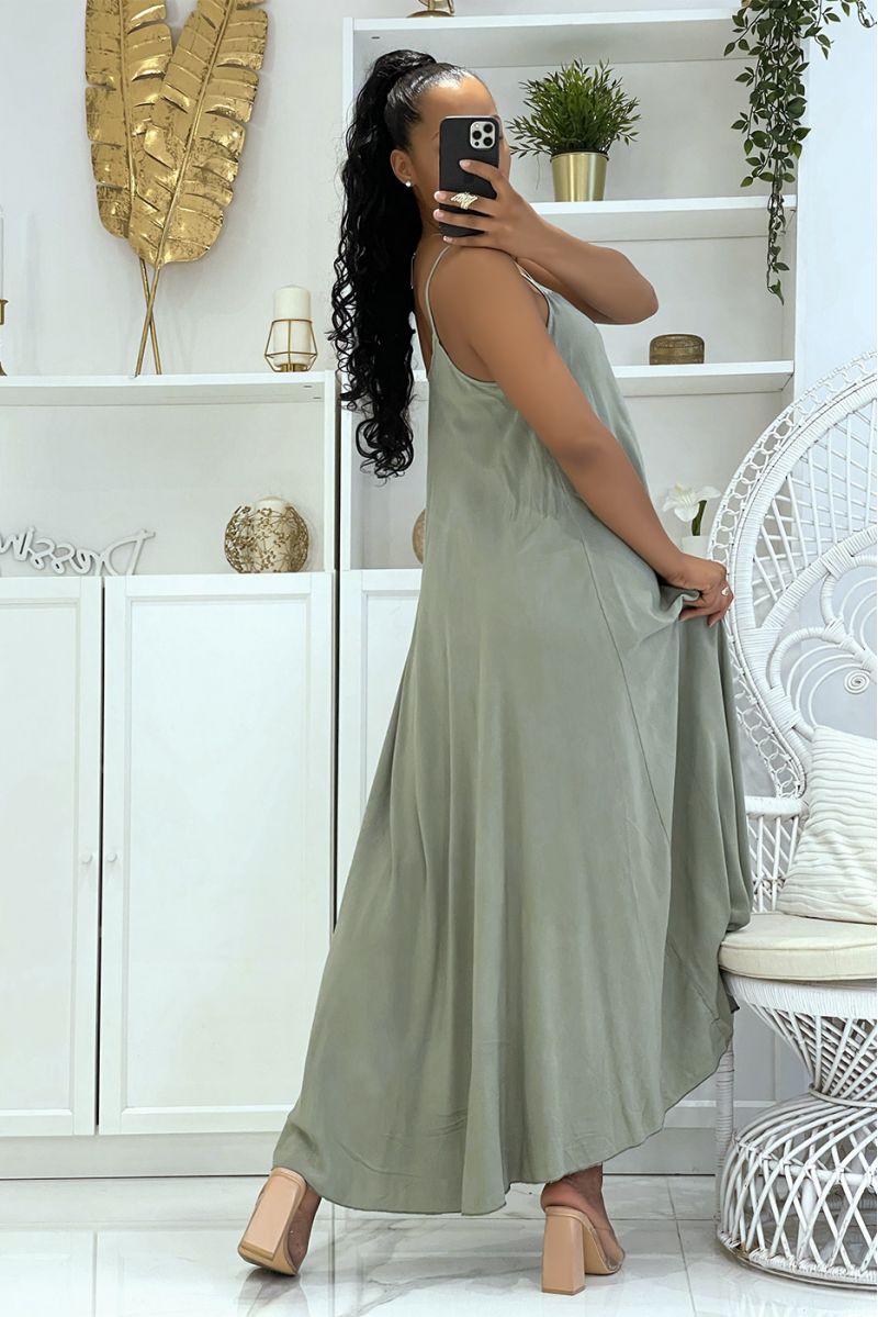 Long simple flowing and comfortable khaki dress with pretty thin straps and light neckline - 4