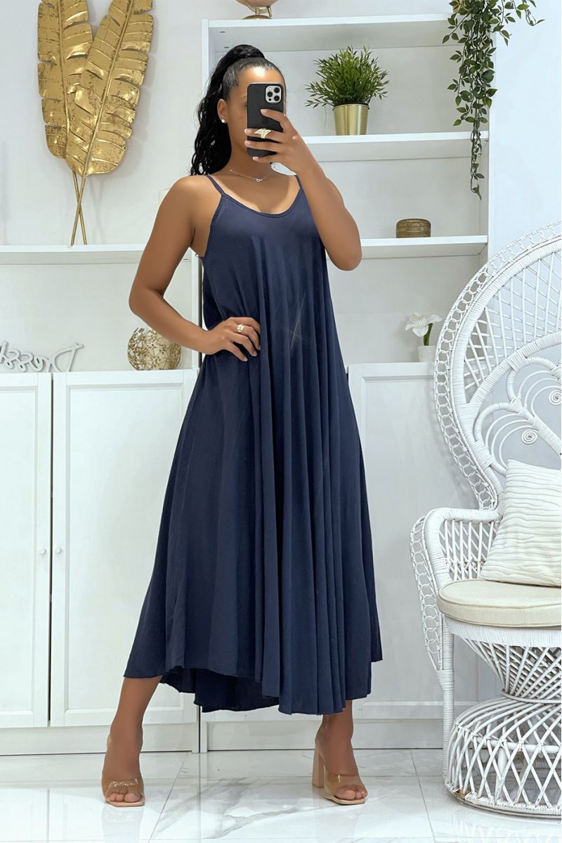 Long simple fluid and comfortable navy dress with pretty thin straps and light neckline - 1