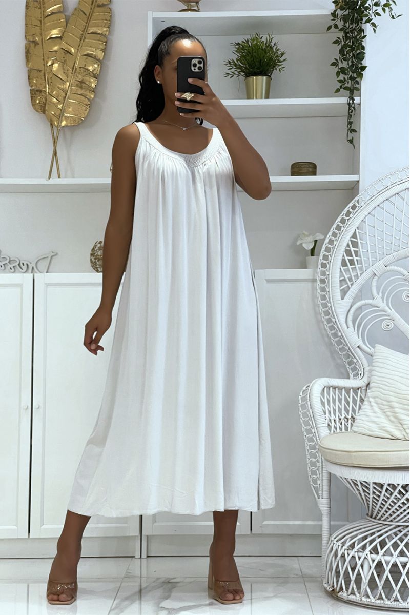 Long oversized gray dress with wide straps and openwork collar that is both classic, trendy and comfortable - 1