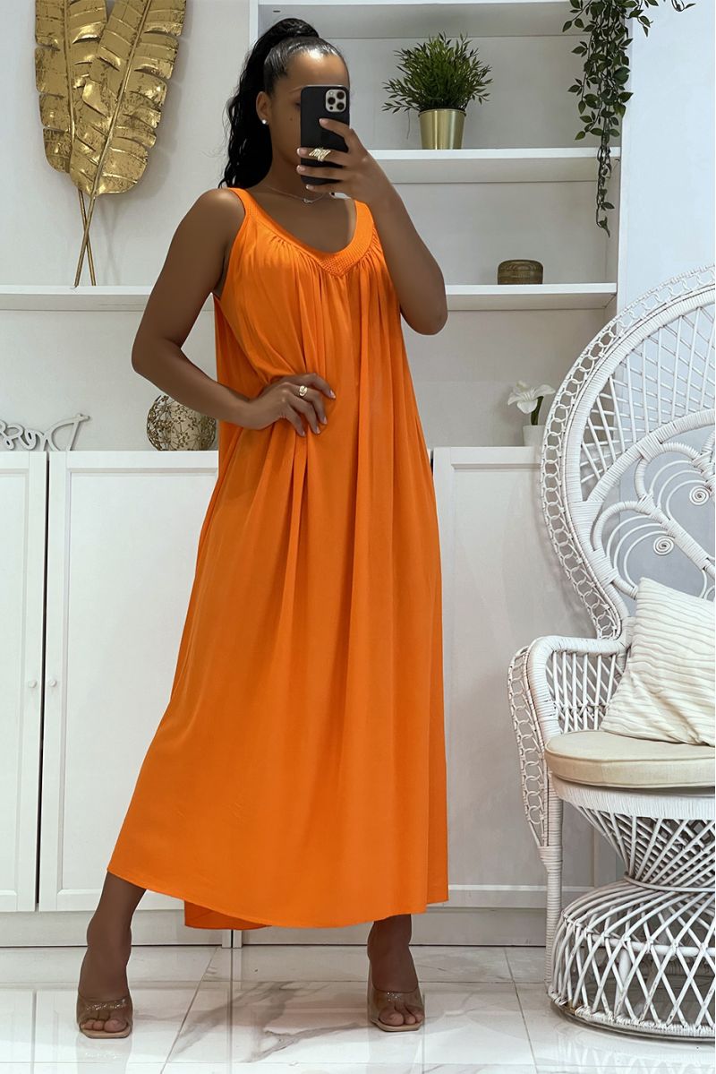 Long oversized orange dress with wide straps and openwork collar that is both classic, trendy and comfortable - 2