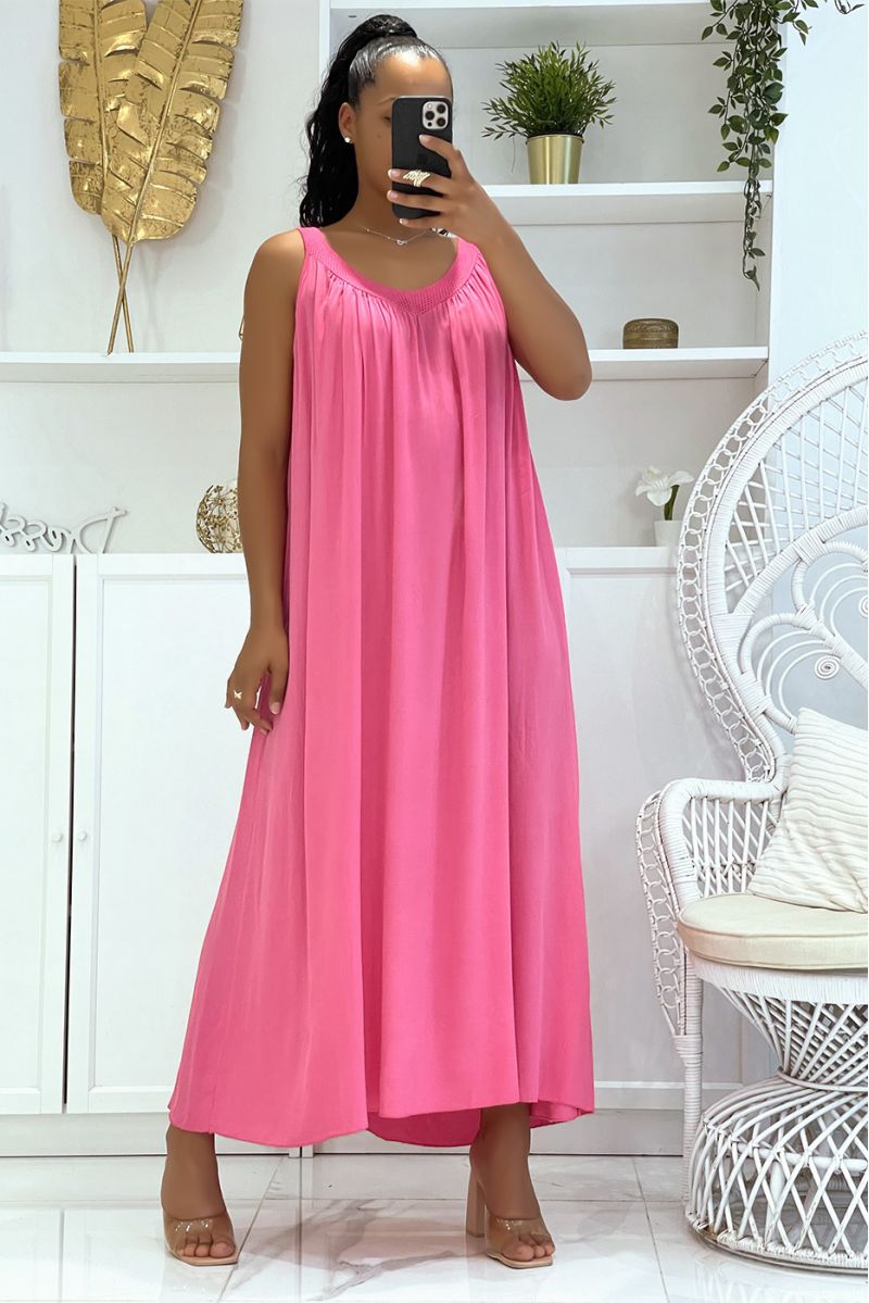 Lange oversized fuchsia jurk met brede bandjes en opengewerkte kraag, klassiek, trendy en comfortabel - 1
