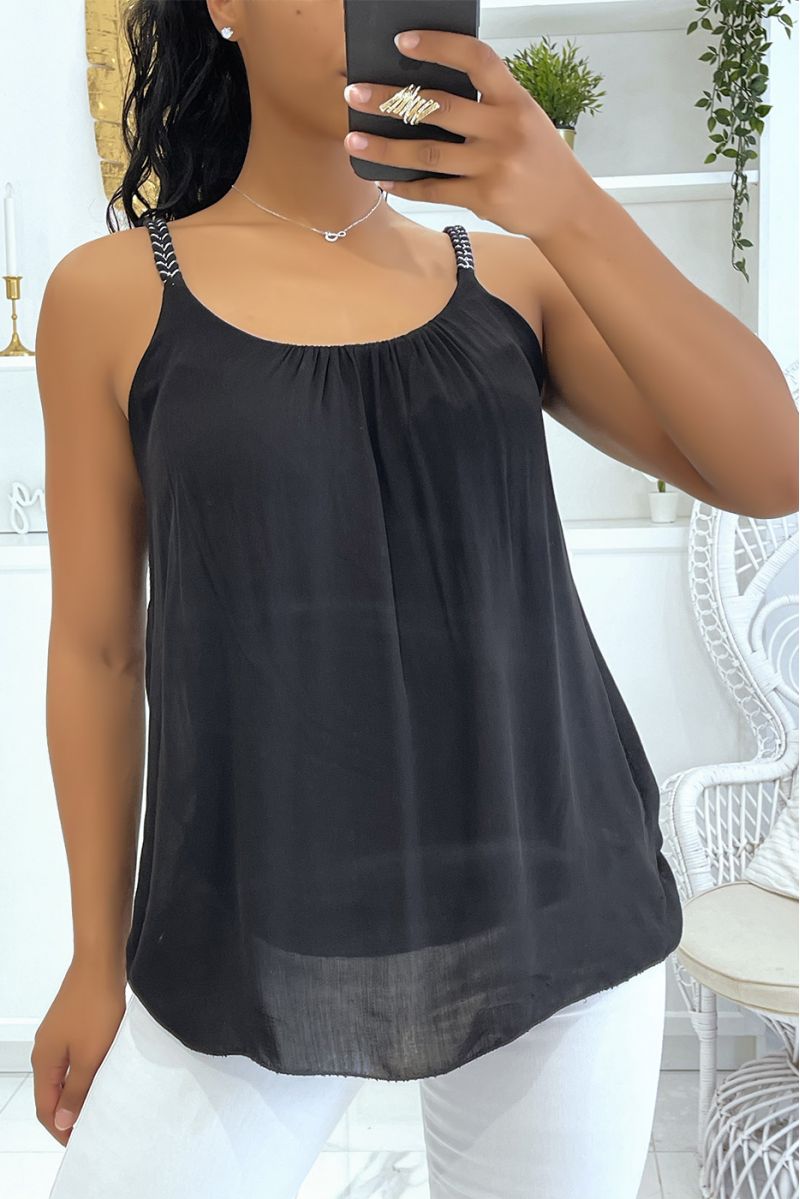 Black tank top with thin braided straps with small loose and fluid silver details - 1